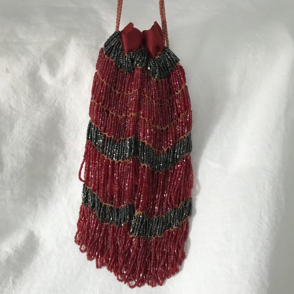 Antique Victorian hand beaded purse red and gun metal gray colored miniature beads tons of hand work Red Rope handles Red Fabric lining
