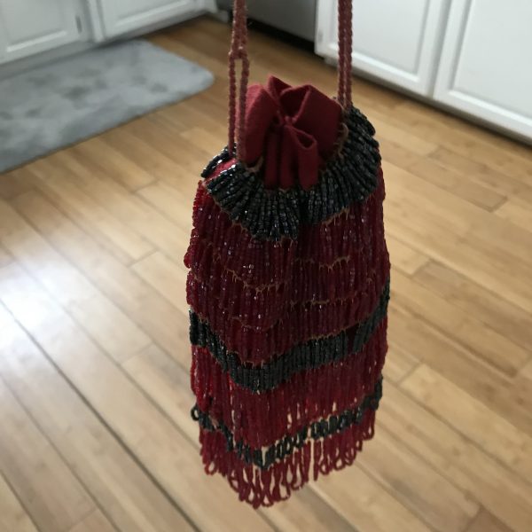 Antique Victorian hand beaded purse red and gun metal gray colored miniature beads tons of hand work Red Rope handles Red Fabric lining