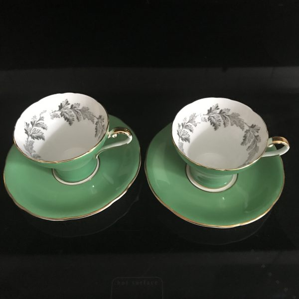 Aynsley Tea Cup and Saucer Corset Pair Green with Gray Leaf pattern Fine porcelain England Collectible Display Farmhouse Cottage coffee