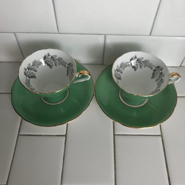 Aynsley Tea Cup and Saucer Corset Pair Green with Gray Leaf pattern Fine porcelain England Collectible Display Farmhouse Cottage coffee