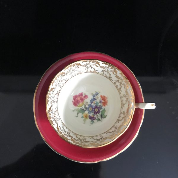 Aynsley Tea Cup and Saucer Fine bone china England Burgundy with floral heavy gold floral centers Collectible Display Farmhouse Cottage
