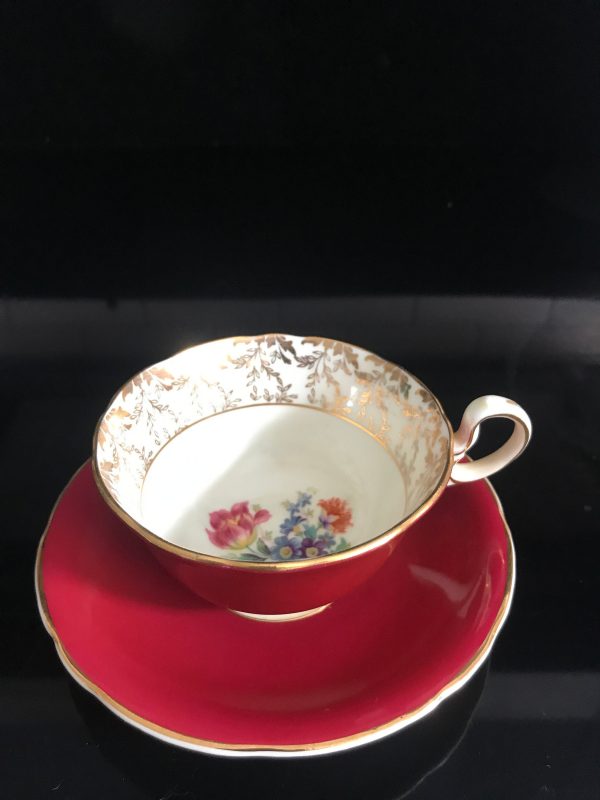 Aynsley Tea Cup and Saucer Fine bone china England Burgundy with floral heavy gold floral centers Collectible Display Farmhouse Cottage