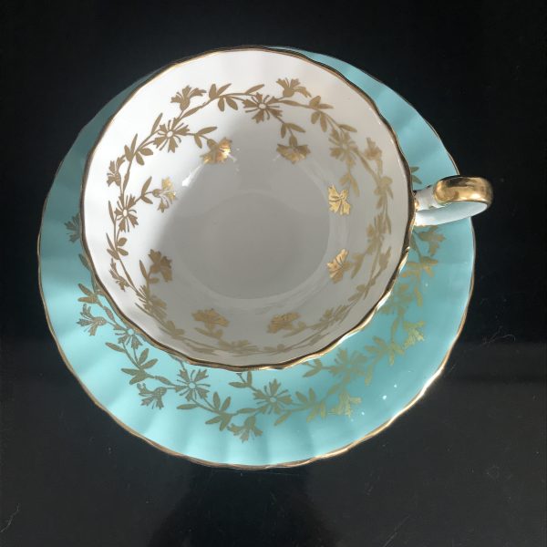 Aynsley Tea Cup and Saucer Fine bone china England True Aqua heavy gold flowers and leaves inside cup Collectible Display Farmhouse Coffee
