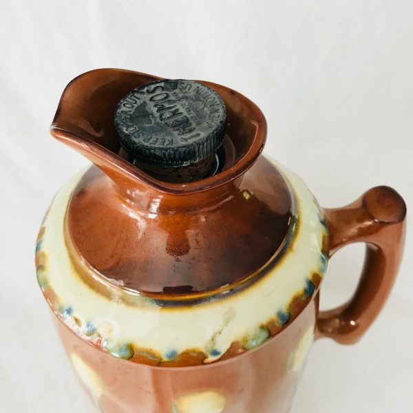 Early Pottery Thermos Lined Warm cold Drink dispenser storage soup water glass lined with thermos cork lid blue black brown pitcher w handle
