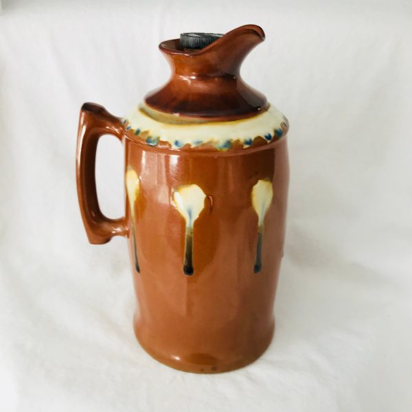 Early Pottery Thermos Lined Warm cold Drink dispenser storage soup water glass lined with thermos cork lid blue black brown pitcher w handle