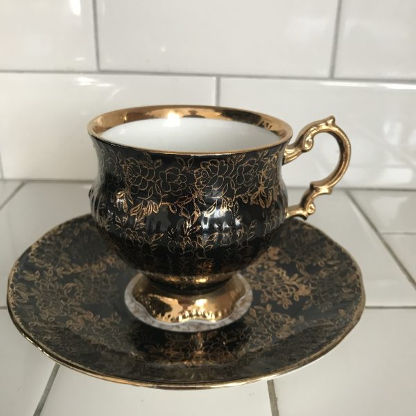 Elizabethan Tea cup and saucer Pedestal Cup Fine bone china England Black with heavy gold trim farmhouse collectible display