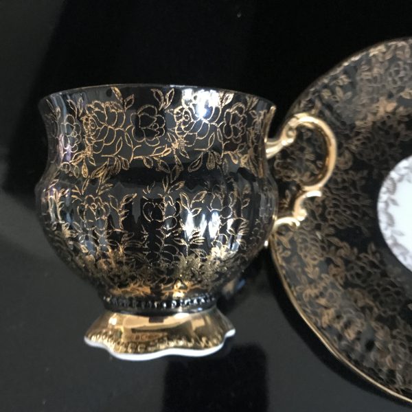 Elizabethan Tea cup and saucer Pedestal Cup Fine bone china England Black with heavy gold trim farmhouse collectible display