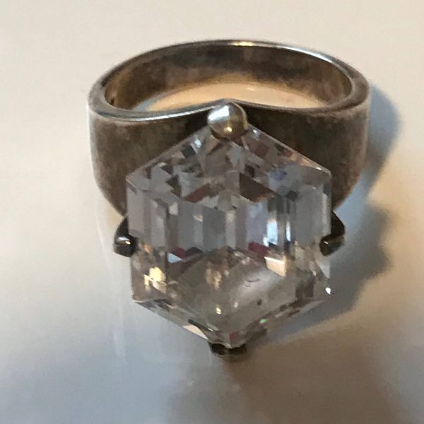 Estate Ring Austrian Crystal set in Sterling Silver Dinner Evening Party Large Bling Holiday Statement Ring Ornate band Hexagoncenter stone