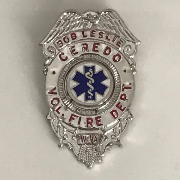 Obsolete Shield Badge Bob Leslie Ceredo Vol. Fire Department Silver blue and red Cadecues enamel center collectible memorabilia