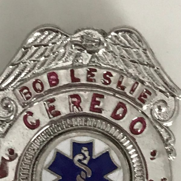 Obsolete Shield Badge Bob Leslie Ceredo Vol. Fire Department Silver blue and red Cadecues enamel center collectible memorabilia