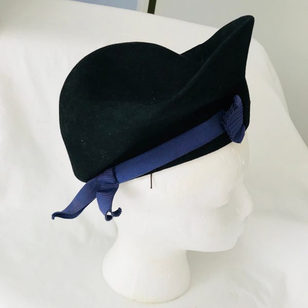 Vintage 1940's Hat Laura Barber Hat Shop Denver 100% wool with blue gross grain bow & trim Facinator Unique style