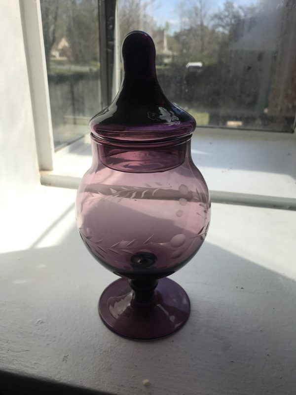 Vintage Amethyst Glass apothecary jar lidded with etched pattern collectible display