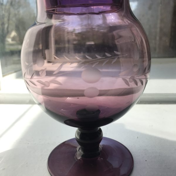 Vintage Amethyst Glass apothecary jar lidded with etched pattern collectible display