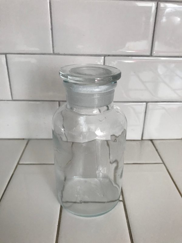 Vintage apothecary jar medical collectible ground glass stopper TCW Co. USA clear farmhouse primitive rustic medical pharmiceutical bottle