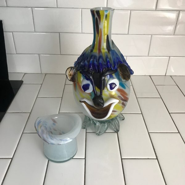 Vintage Bedside Carafe tumble up Murano blown glass clown with hat cup collectible display large ornate detail