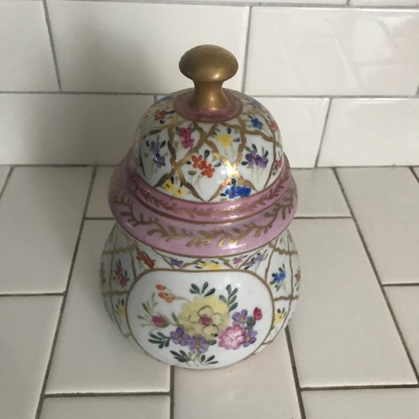 Vintage Biscuit Jar hand painted floral with gold handle heavy gold trim farmhouse collectible display cottage kitchen decor