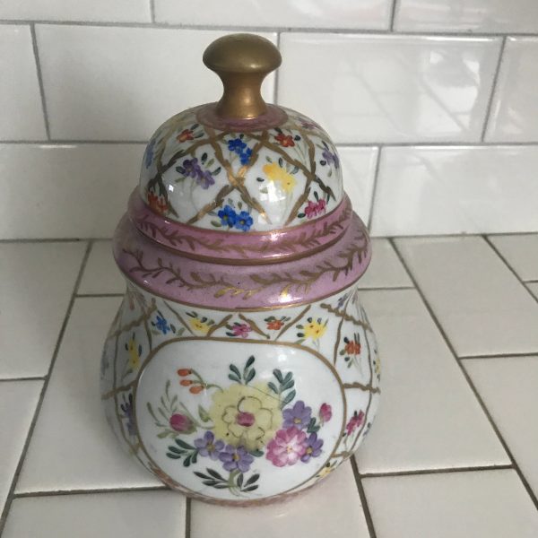 Vintage Biscuit Jar hand painted floral with gold handle heavy gold trim farmhouse collectible display cottage kitchen decor