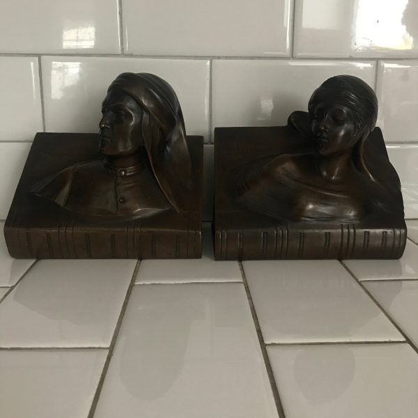 Vintage Bronze Bookend Pair Dante and Beatrice busts on open books heavy collectible display farmhouse antique decor