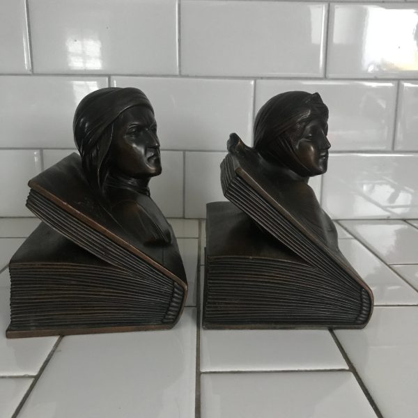 Vintage Bronze Bookend Pair Dante and Beatrice busts on open books heavy collectible display farmhouse antique decor