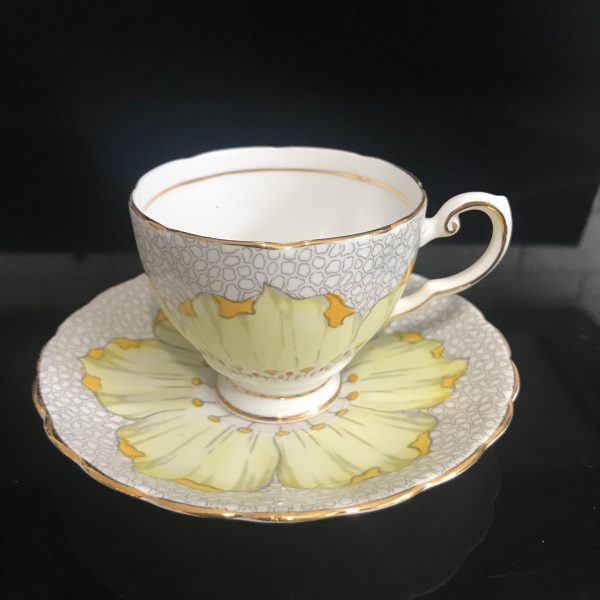 Vintage Chintz Demitasse tea cup and saucer yellow flower with gray background trimmed in gold collectible farmhouse bridal wedding Tuscan