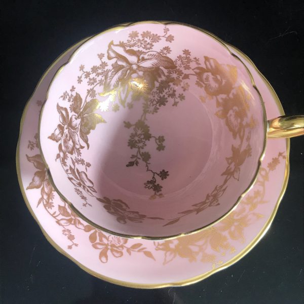 Vintage Coalport tea cup and saucer England Fine bone china Pink with heavy gold pattern gold trim farmhouse collectible display