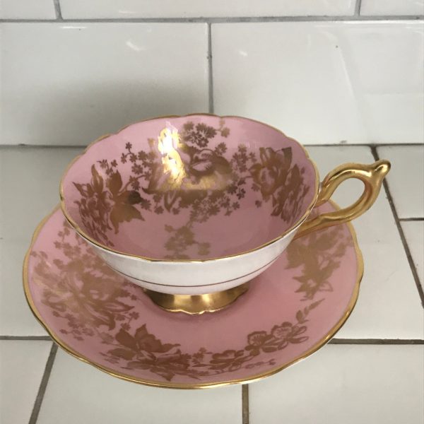 Vintage Coalport tea cup and saucer England Fine bone china Pink with heavy gold pattern gold trim farmhouse collectible display