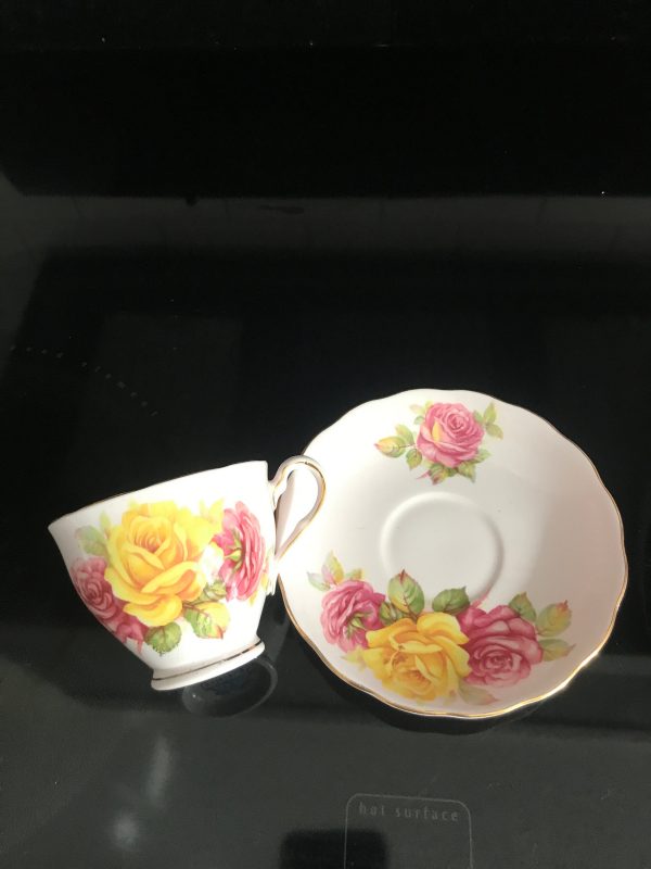 Vintage Colclough Pair of tea cups and saucers Pink with pink & yellow roses England Fine bone china gold trim farmhouse collectible display