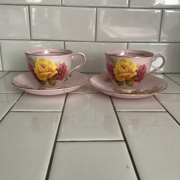 Vintage Colclough Pair of tea cups and saucers Pink with pink & yellow roses England Fine bone china gold trim farmhouse collectible display