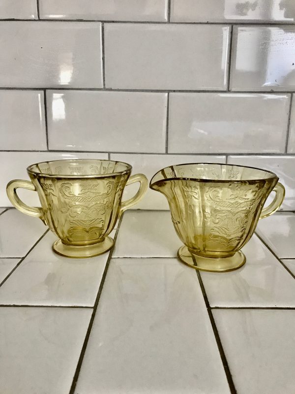 Vintage Cream and Sugar Yellow Federal Glass Madrid pattern collectible depression farmhouse display kitchen decor