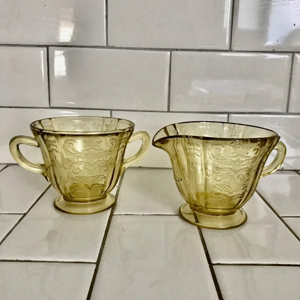 Vintage Cream and Sugar Yellow Federal Glass Madrid pattern collectible depression farmhouse display kitchen decor