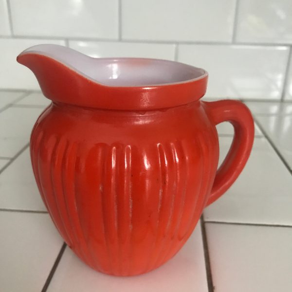 Vintage cream pitcher Orange fired on paint white milk glass ribbed farmhouse cottage collectible kitchen decor