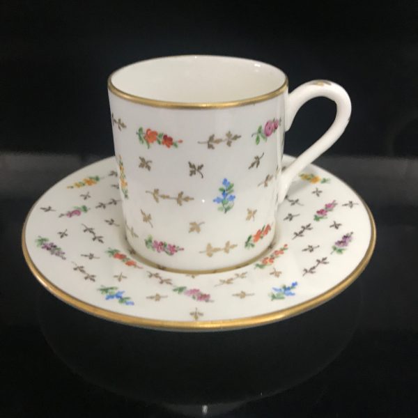 Vintage Demitasse hand painted dainty flowers and gold leaves France Gallery set Signed and Numbered Fine bone china gold trimmed display