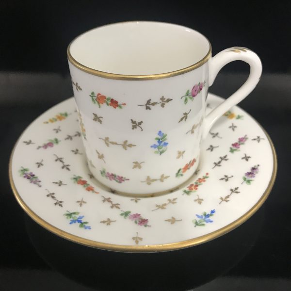 Vintage Demitasse hand painted dainty flowers and gold leaves France Gallery set Signed and Numbered Fine bone china gold trimmed display