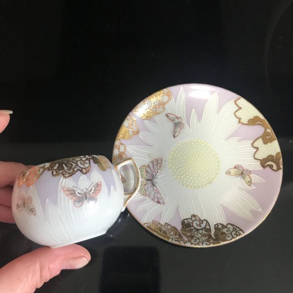 Vintage Demitasse Lavender tea cup & saucer hand painted Butterflies heavy gold trim War-time Japan fine china collectible farmhouse display