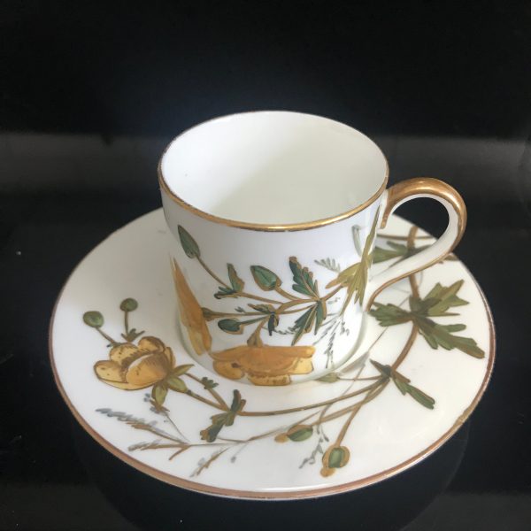 Vintage Demitasse mustard yellow flowers with green leaves and buds heavy gold trim collectible vintage home decor farmhouse bridal wedding