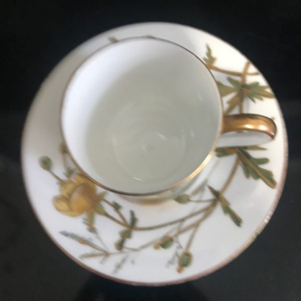 Vintage Demitasse mustard yellow flowers with green leaves and buds heavy gold trim collectible vintage home decor farmhouse bridal wedding