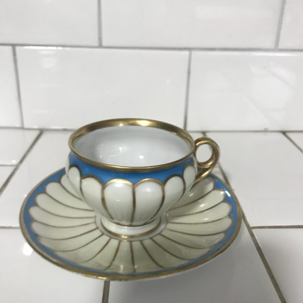 Vintage Demitasse Pansy floral tea cup and saucer heavy gold trim Bavaria Germany Rudolf Wachter Hohenberg fine bone china aqua