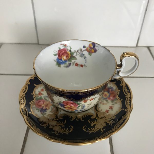 Vintage Demitasse tea cup and saucer Aynsley England Cobalt blue with very ornated gold and flowers collectible farmhouse bridal wedding