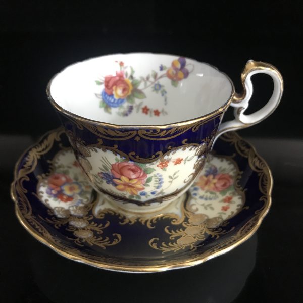 Vintage Demitasse tea cup and saucer Aynsley England Cobalt blue with very ornated gold and flowers collectible farmhouse bridal wedding
