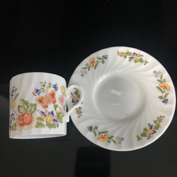 Vintage Demitasse tea cup and saucer Aynsley England Cottage Garden Butterflies bright colors collectible farmhouse bridal wedding