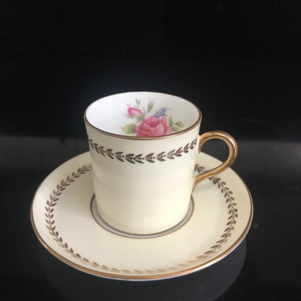 Vintage Demitasse tea cup and saucer Aynsley England Ivory with gold leaves Rose centers collectible farmhouse bridal wedding