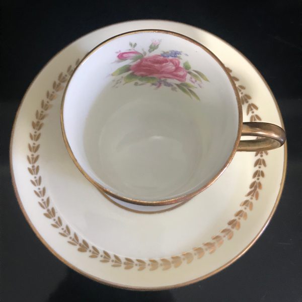 Vintage Demitasse tea cup and saucer Aynsley England Ivory with gold leaves Rose centers collectible farmhouse bridal wedding