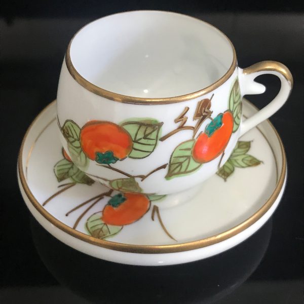 Vintage Demitasse tea cup and saucer Japan with Lithophane Orange gold green unique round cup collectible farmhouse bridal wedding