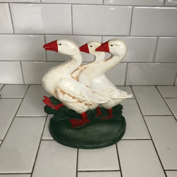 Vintage Doorstop Ducks Cast Iron Door Stop farmhouse collectible display retro kitchen decor red ivory and green