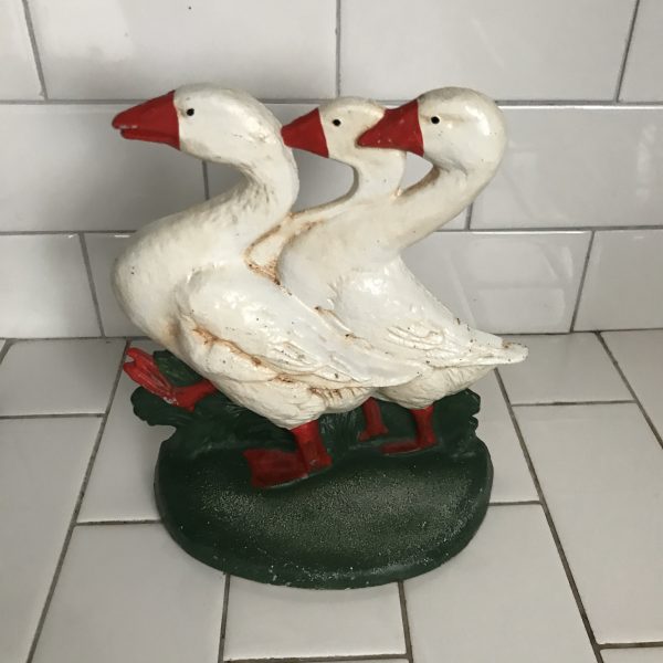 Vintage Doorstop Ducks Cast Iron Door Stop farmhouse collectible display retro kitchen decor red ivory and green