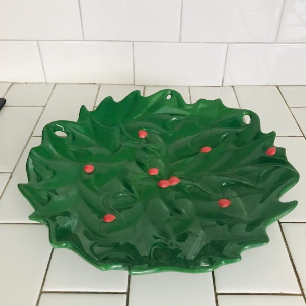 Vintage hand made large Christmas Bowl green holly with red berries Ceramic 1970's collectible Holiday
