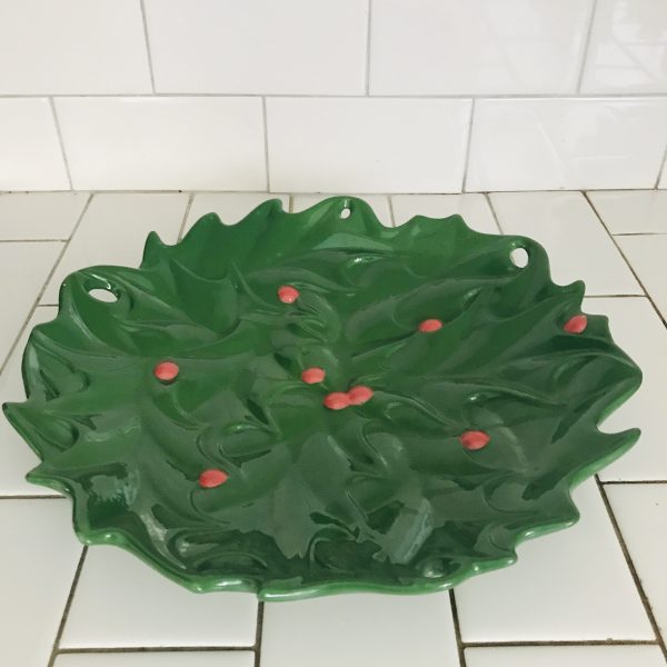 Vintage hand made large Christmas Bowl green holly with red berries Ceramic 1970's collectible Holiday