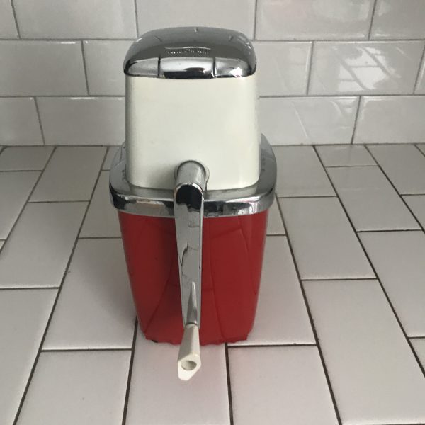 Vintage Ice crusher Mid Century red and ivory metal top hard plastic ice container
