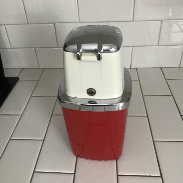 Vintage Ice crusher Mid Century red and ivory metal top hard plastic ice container