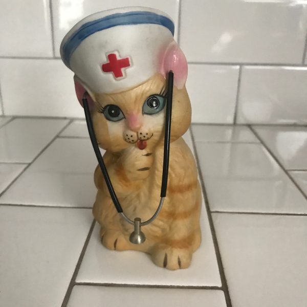 Vintage kitten withNurse hat and Stethoscope bank collectible display Nurse Hospital Medical Jasco Taiwan 1960's